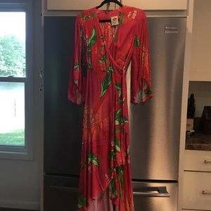 @farmrio Ankle length wrap cocktail dress, size M. Fuschia, orange, green.